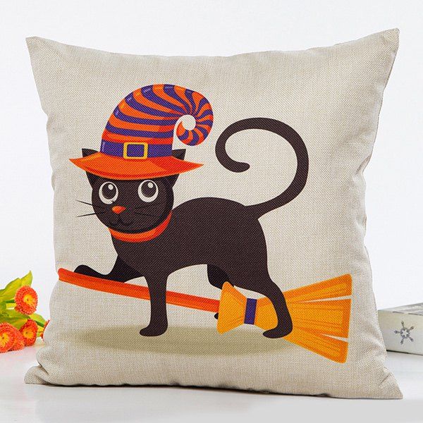 Fashion Halloween Cat Witch Cartoon Sofa Cushion Pillow Case  