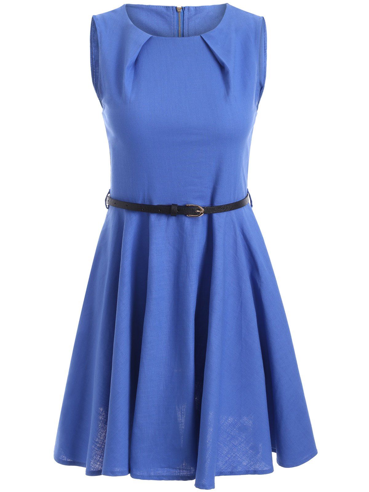 2018 Sleeveless Solid Color Flare Dress In Blue 2xl | Rosegal.com