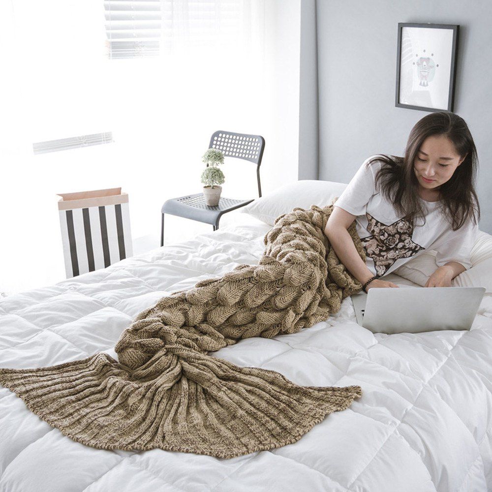 

Fish Scale Yarn Knitted Sleeping Bag Mermaid Blanket, Light coffee