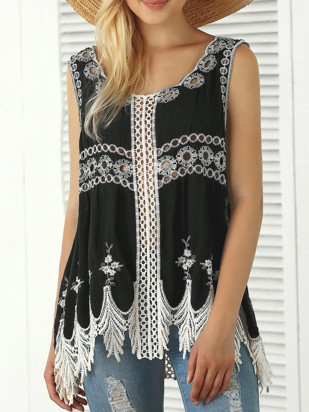 2018 Bohemian Embroidered Crochet Fringed Tank Top In Black One Size ...