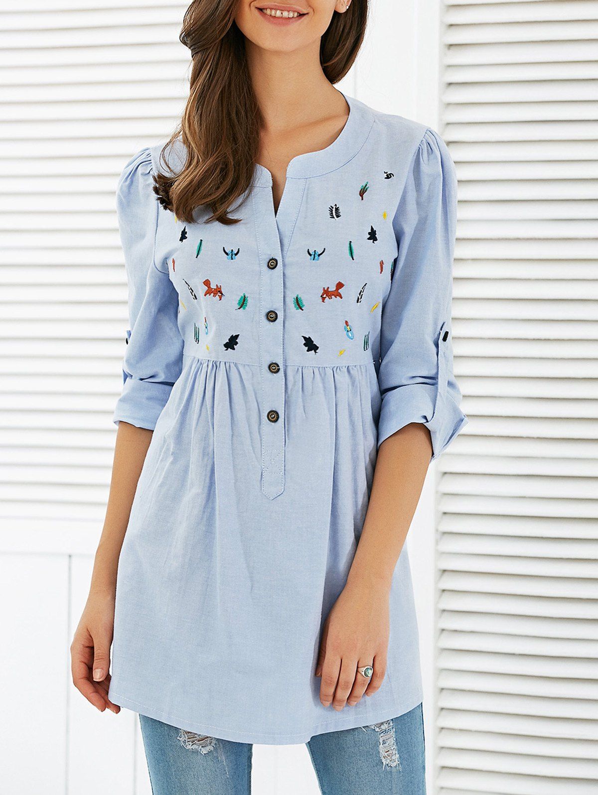 Shop Long Sleeve Cartoon Embroidered Smock Blouse  