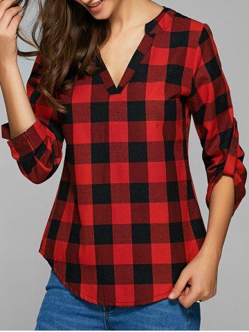 Affordable Plaid Loose-Fitting Cotton Blouse RED L
