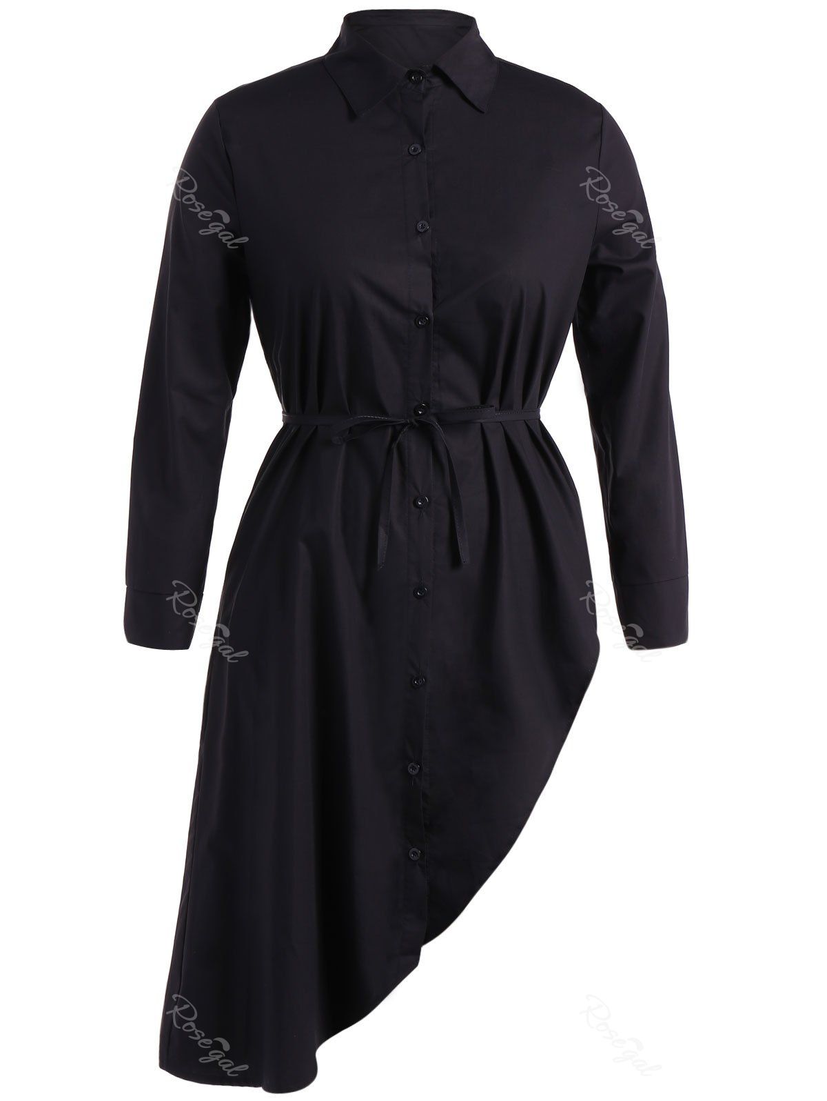 

Belted Asymmetrical Long Sleeve Shirt Dress, Black
