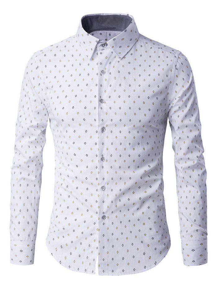 

Rhombus Pattern Button-Up Long Sleeve Shirt, White