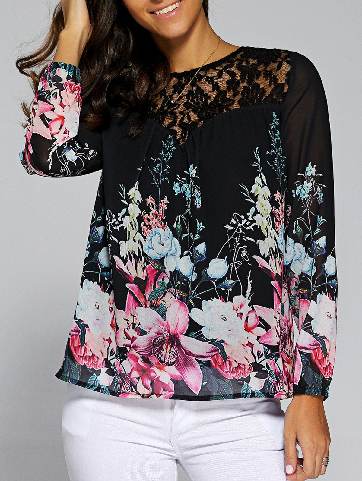 43 Off Floral Print Lace Patchwork Blouse Rosegal 7713