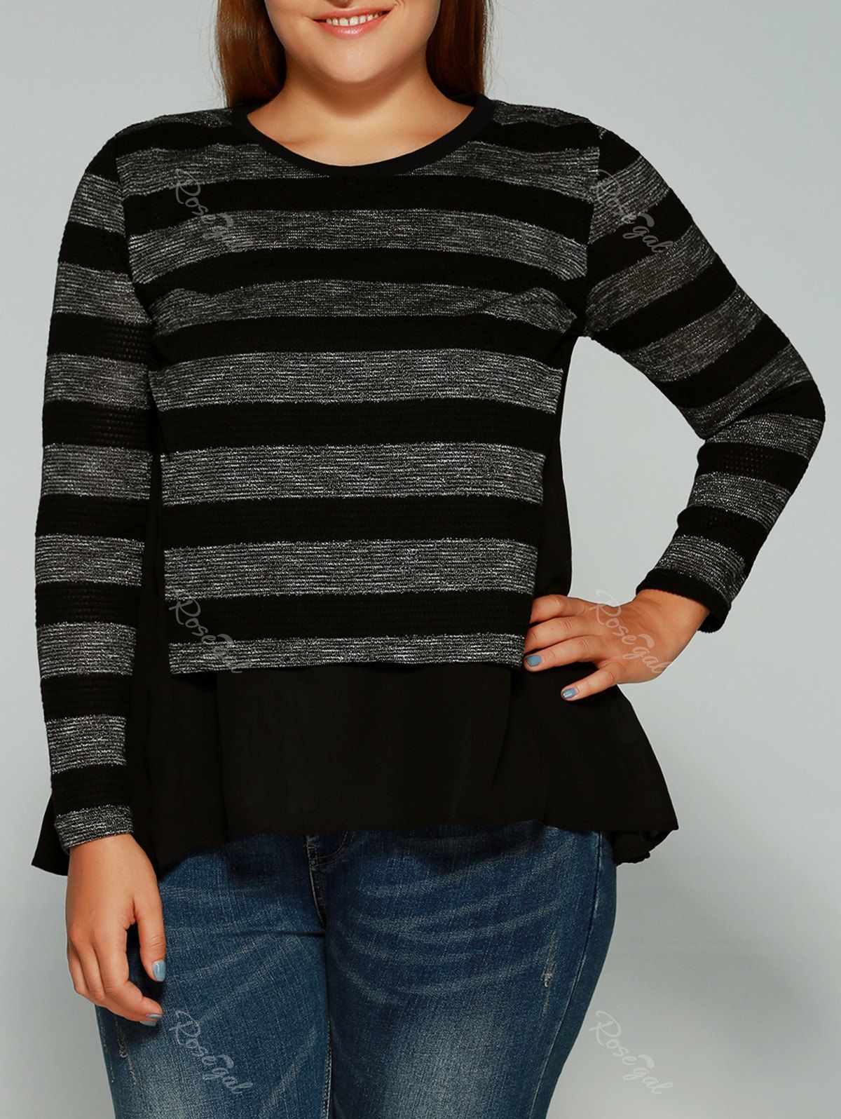 Black 2xl Plus Size Striped Asymmetrical Blouse | RoseGal.com