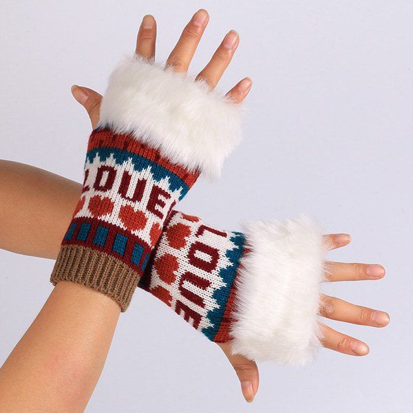 

Pair of Knitted Love Letter Plush Fingerless Gloves, Wine red