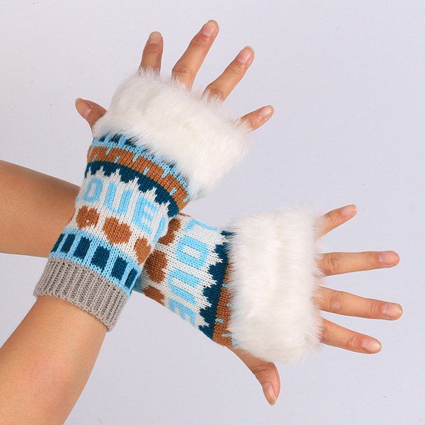 

Pair of Knitted Love Letter Plush Fingerless Gloves, Lake blue