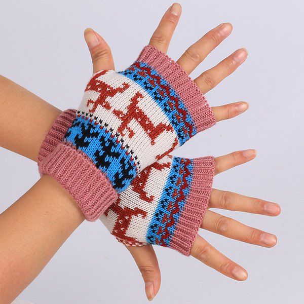 

Warmer Knitted Deer Splicing Fingerless Gloves, Deep pink