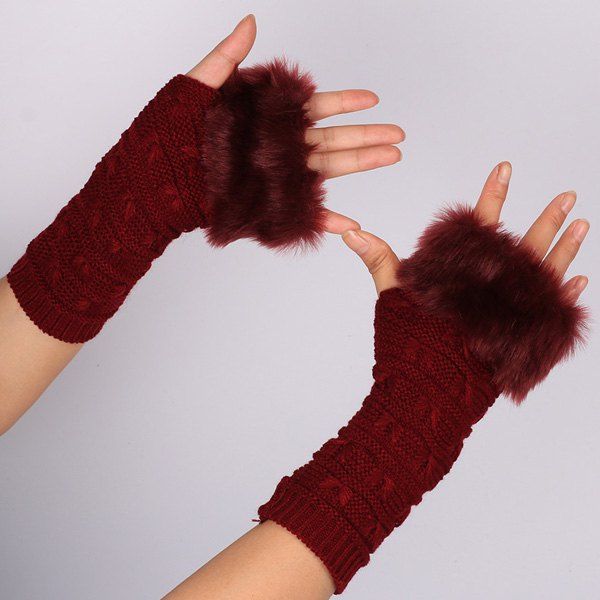 

Winter Faux Rabbit Fur Knitting Butterfly Hand Fingerless Gloves, Wine red