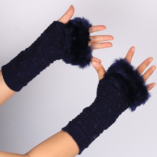 

Winter Faux Rabbit Fur Knitting Butterfly Hand Fingerless Gloves, Purplish blue