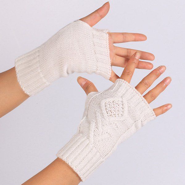 

1 Pair Warm Rhombus Line Crochet Fingerless Gloves, Off-white