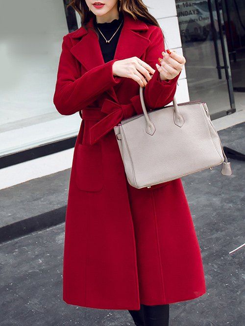 Red L Lapel Belted Long Coat Dress