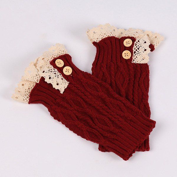 

Lace Edge Buttons Rhombus Knitted Boot Cuffs, Deep red