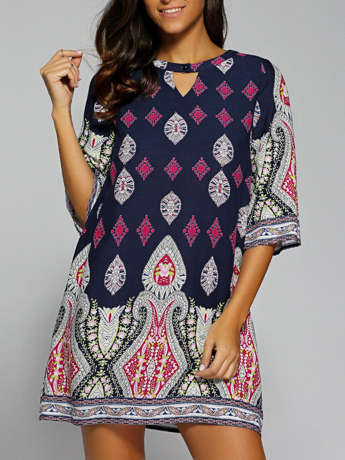 [39 OFF] Cut Out Half Sleeve Tribal Print Dress Rosegal