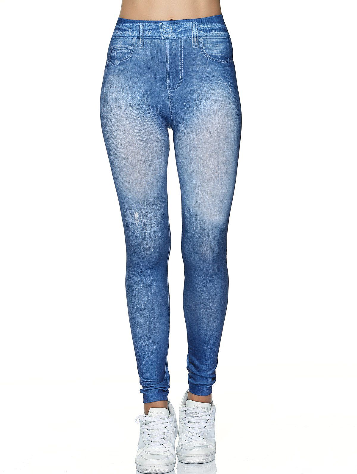 2018 Stretchy Faux Denim Leggings In Light Blue One Size