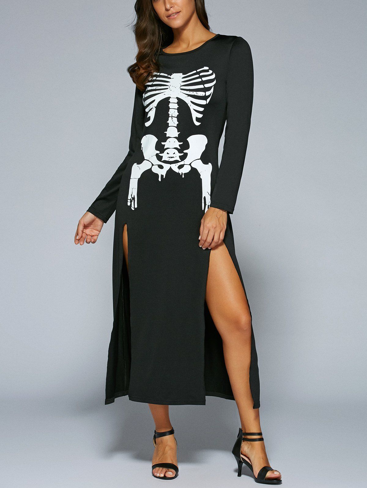 [33% OFF] Halloween Long Sleeve Skeleton Print High Slit Maxi Dress ...