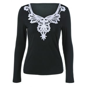 

Lace Splicing Long Sleeve Blouse, Black