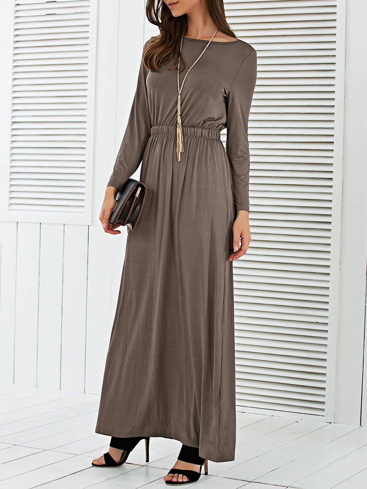 2018 Long Sleeve Waisted Maxi Dress In Coffee Xl 