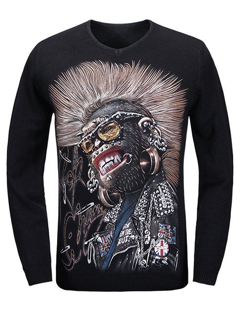

V-Neck 3D Evil Print Long Sleeve Sweater, Black