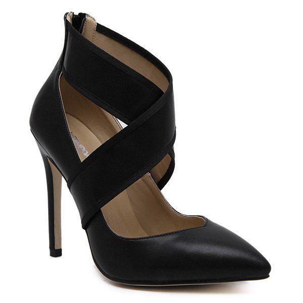 

Pointed Back Zip Cross-Strap Toe Pumps, Black