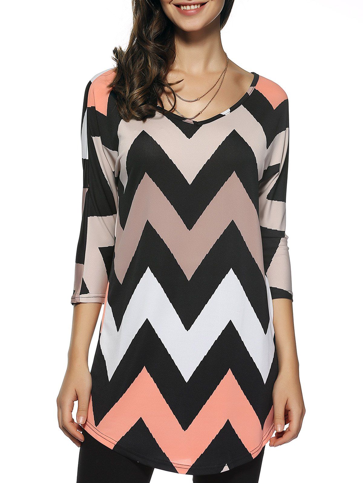 [66 OFF] 3/4 Sleeves Zig Zag Print TShirt Rosegal