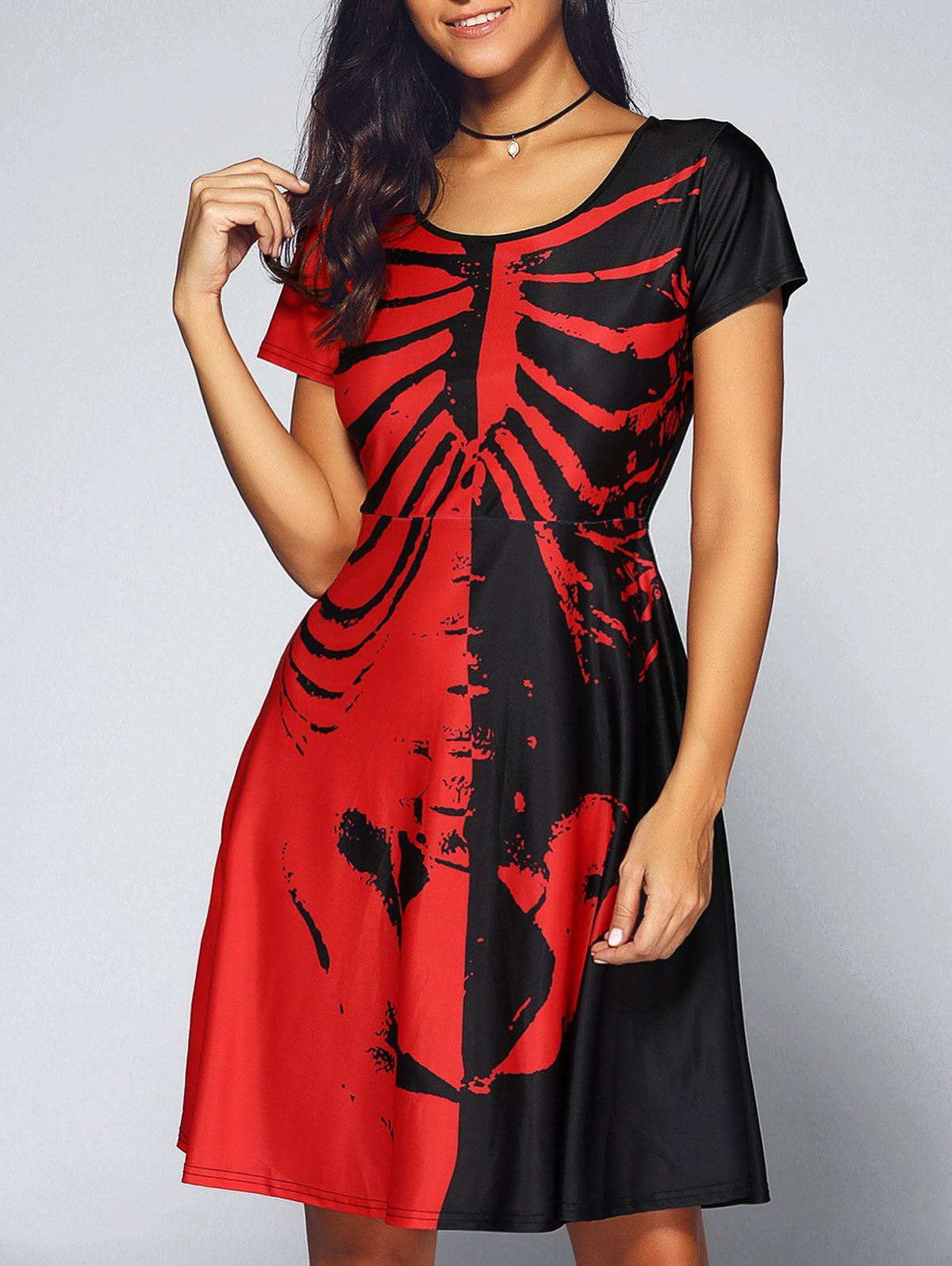 [33 OFF] Halloween Skeleton Print Contrast Color Dress Rosegal