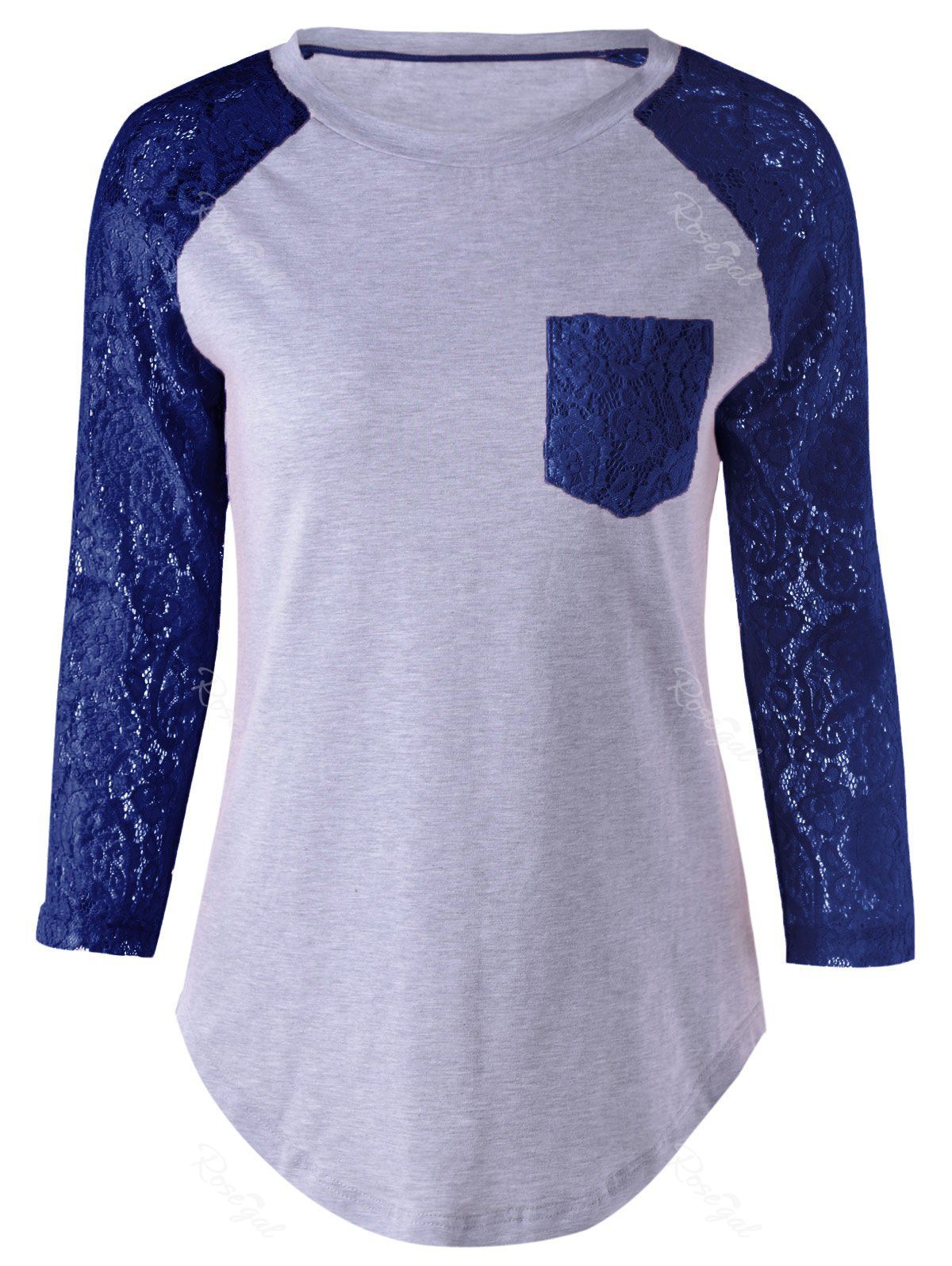 

Plus Size Lace Splicing Single Pocket T-Shirt, Deep blue