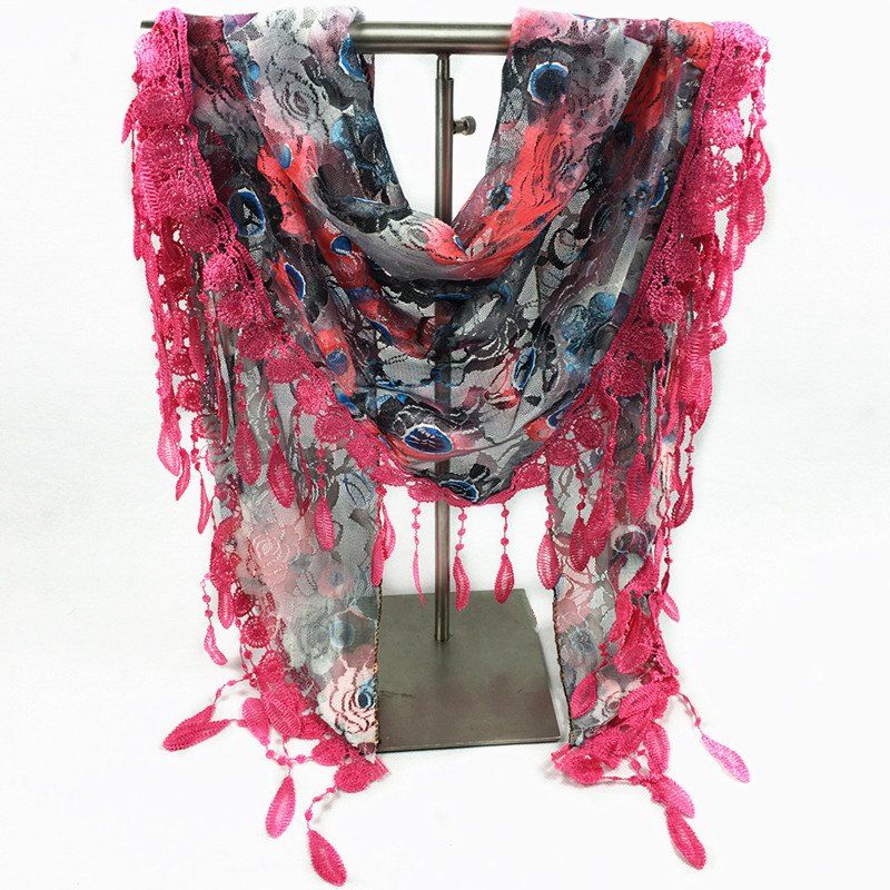 

Feather Pendant Flower Pattern Trim Lace Triangle Scarf, Rose red