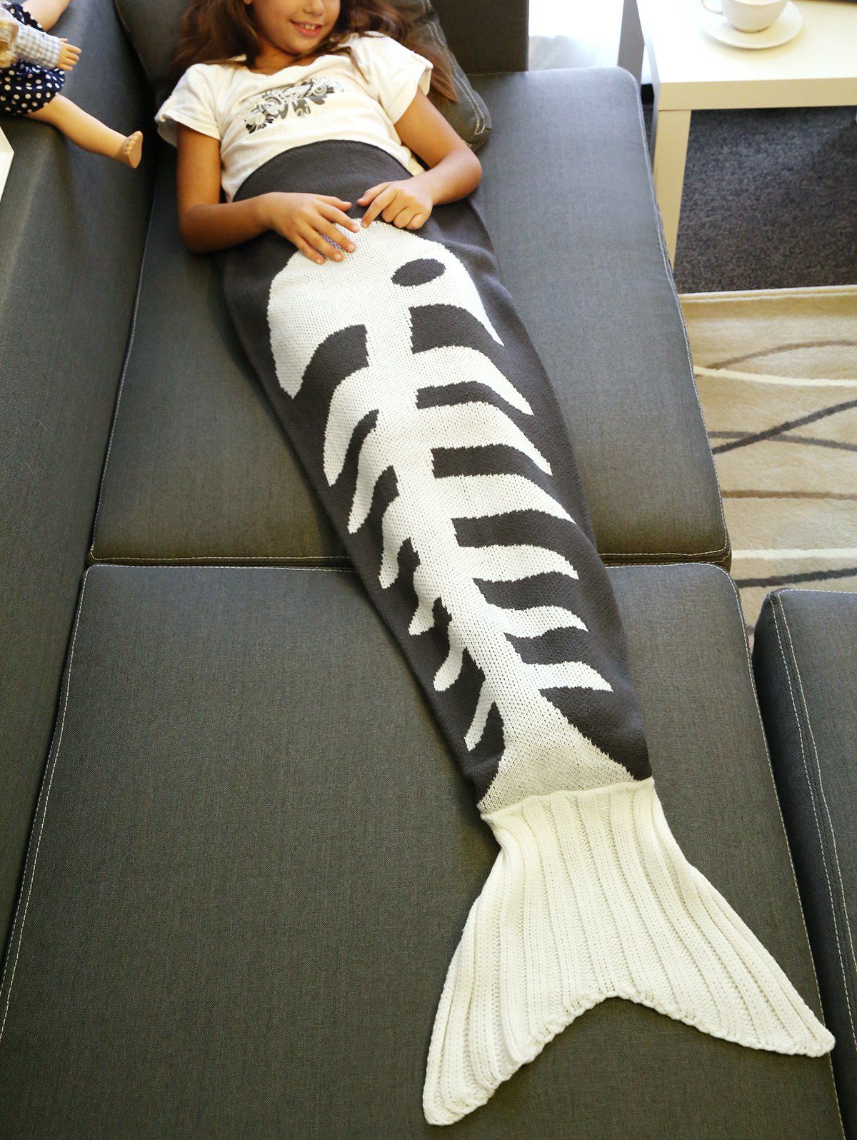 

Super Soft Fish Bone Design Knitted Mermaid Tail Blanket, Grey and white