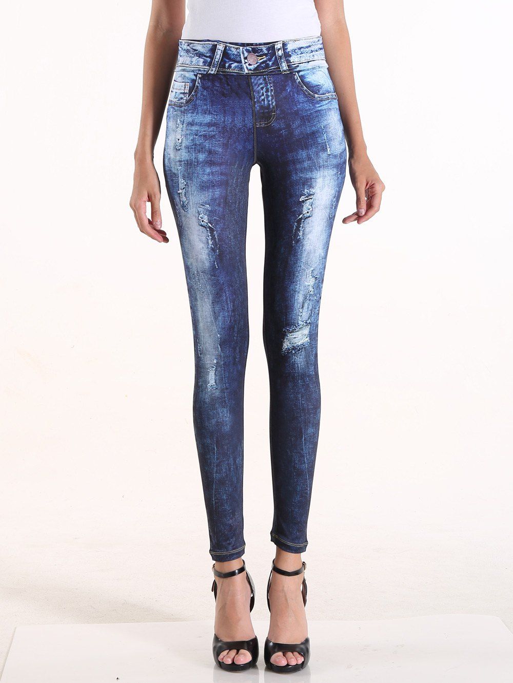 

Faux Ripped Denim High Waisted Pants, Denim blue