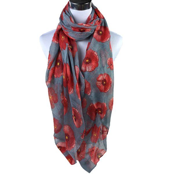 

Poppy Flower Print Voile Scarf, Gray
