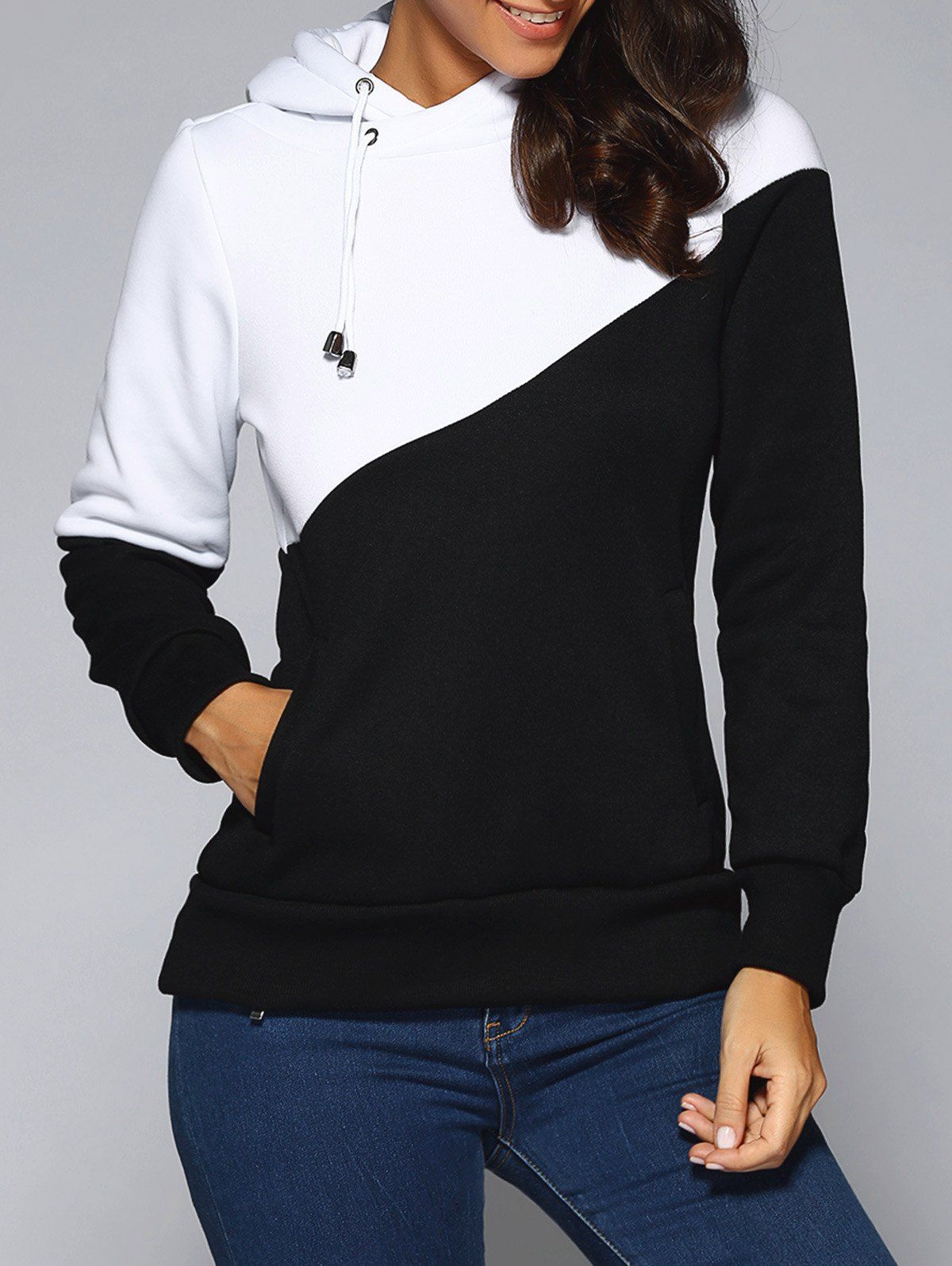 

Contrast Color Spliced Pocket Design Hoodie, White and black