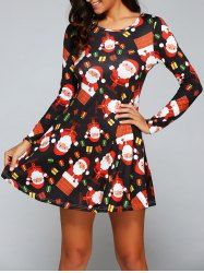Long Sleeve Gift Print Xmas Swing Dress -