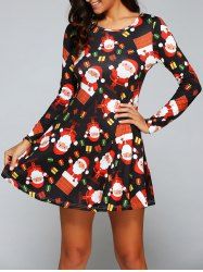 Long Sleeve Gift Print Xmas Swing Dress -  