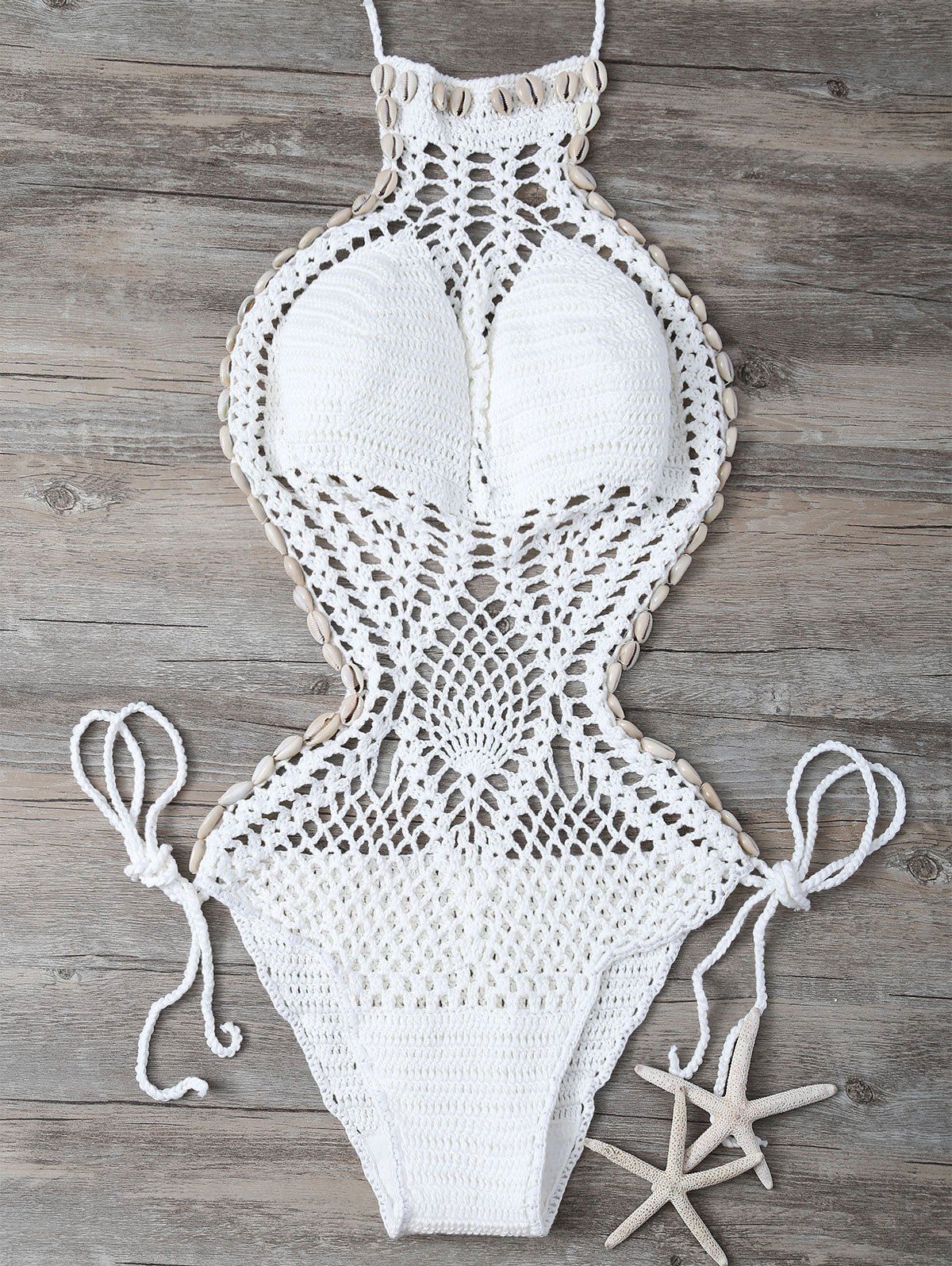 [71% OFF] Crochet Shell Embellished Hollow Out Swimwear | Rosegal