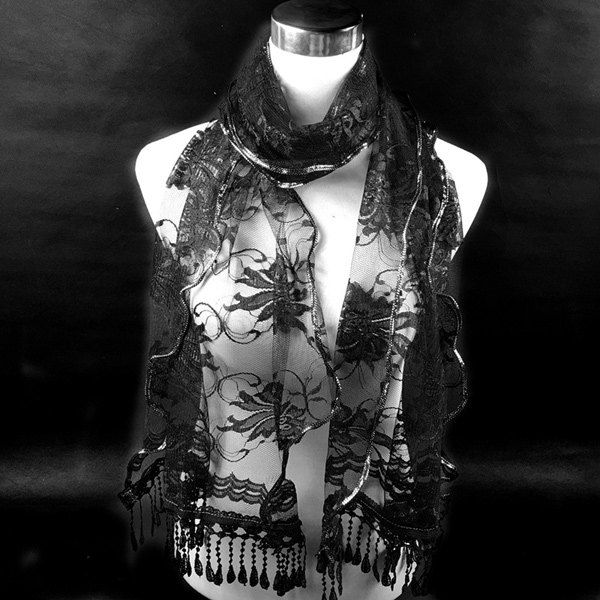

Dentelle Flower Feather Fringe Lace Scarf, Black