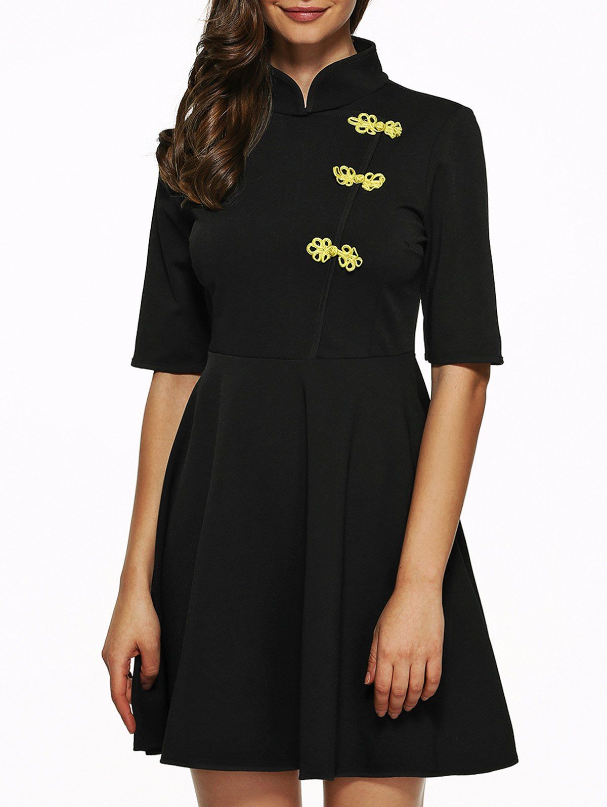  65 OFF Mandarin Collar Half Sleeves Flare Dress Rosegal