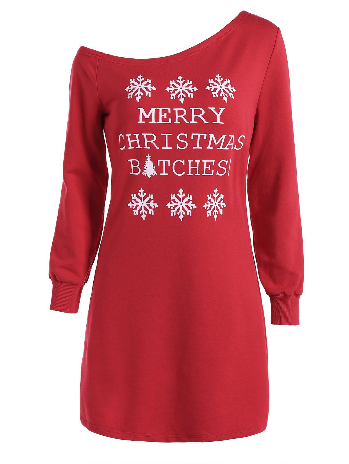 

Skew Neck Christmas Long Sleeve Dress, Red