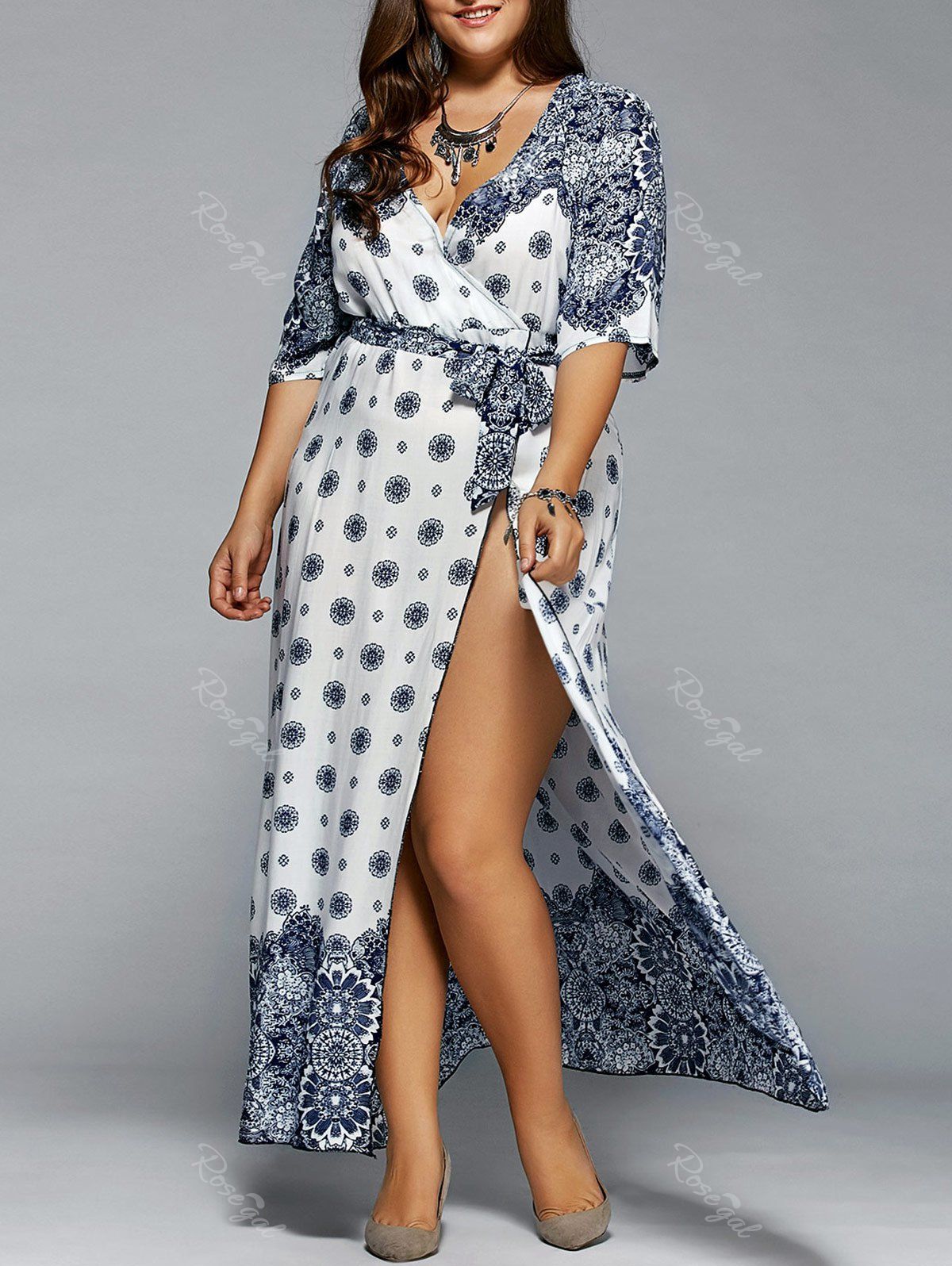 [47% OFF] Plus Size Boho Print Flowy Beach Wrap Maxi Dress | Rosegal