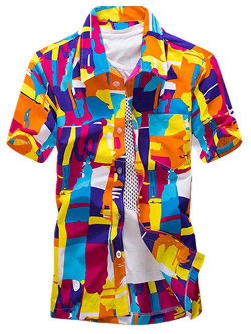 

Color Block Summer Button Down Hawaiian Shirt, Orange