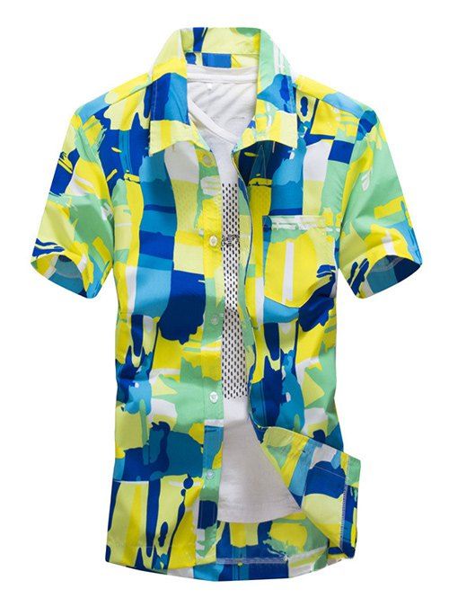 

Color Block Summer Button Down Hawaiian Shirt, Green