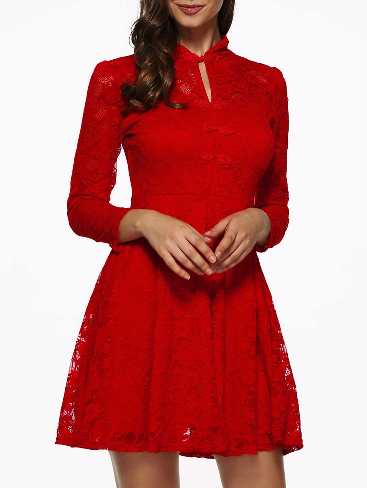 2018 3/4 Sleeves Hollow Out Lace Dress In Red L