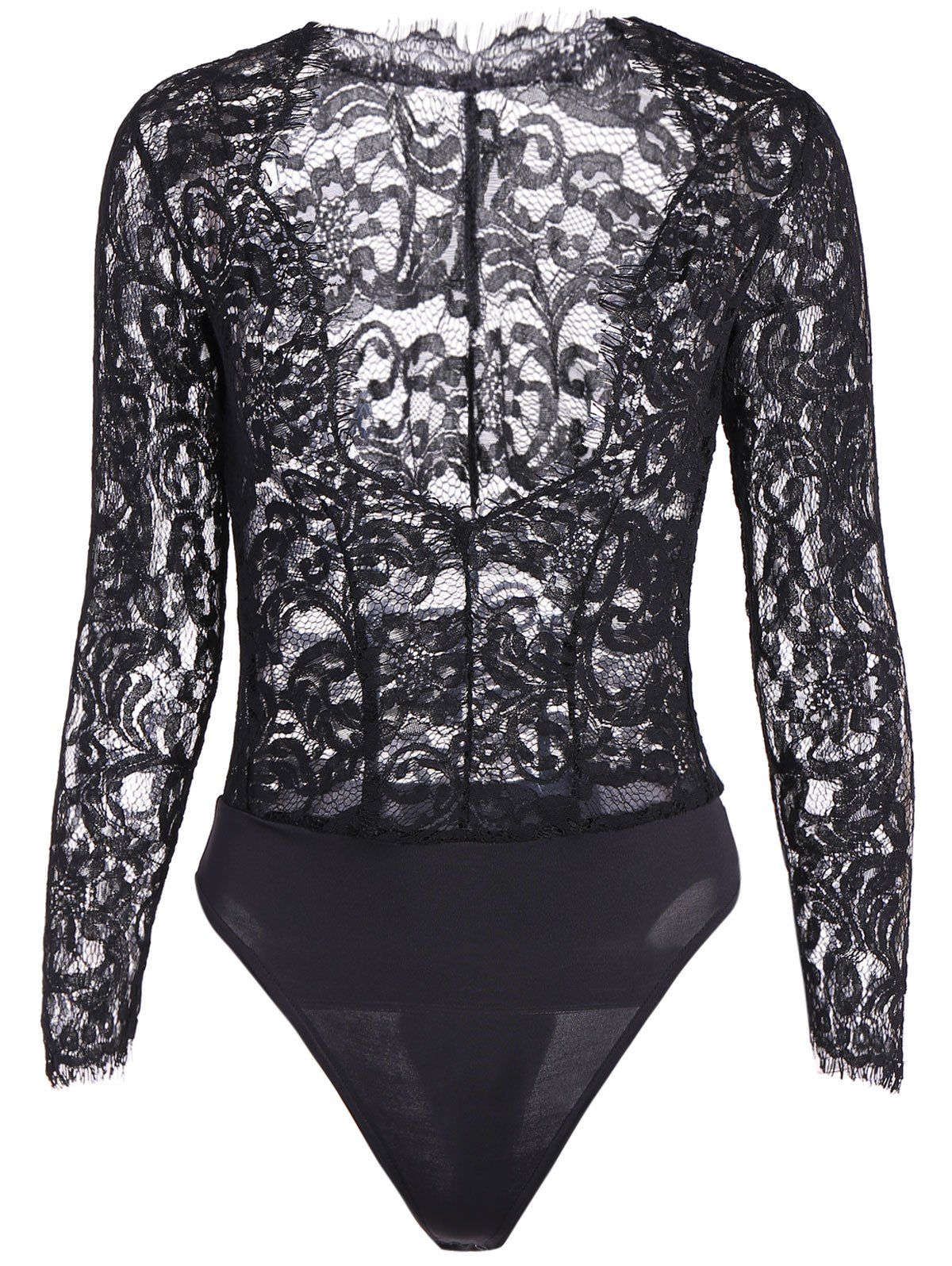 [11 OFF] Long Sleeves Plunging Neck Sheer Lace Bodysuit Rosegal