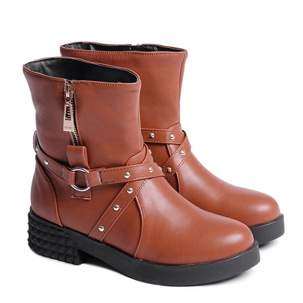 [61% OFF] Studded Cross Straps Side Zip Boots | Rosegal