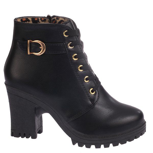 

Zipper Belt Buckle Tie Up Ankle Boots, Black