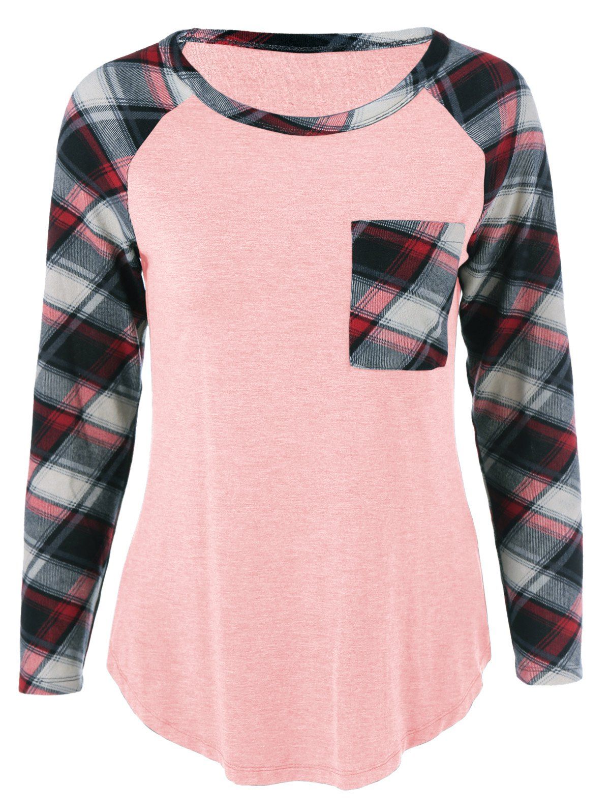 

Single Pocket Plaid Full Sleeve T-Shirt, Shallow pink