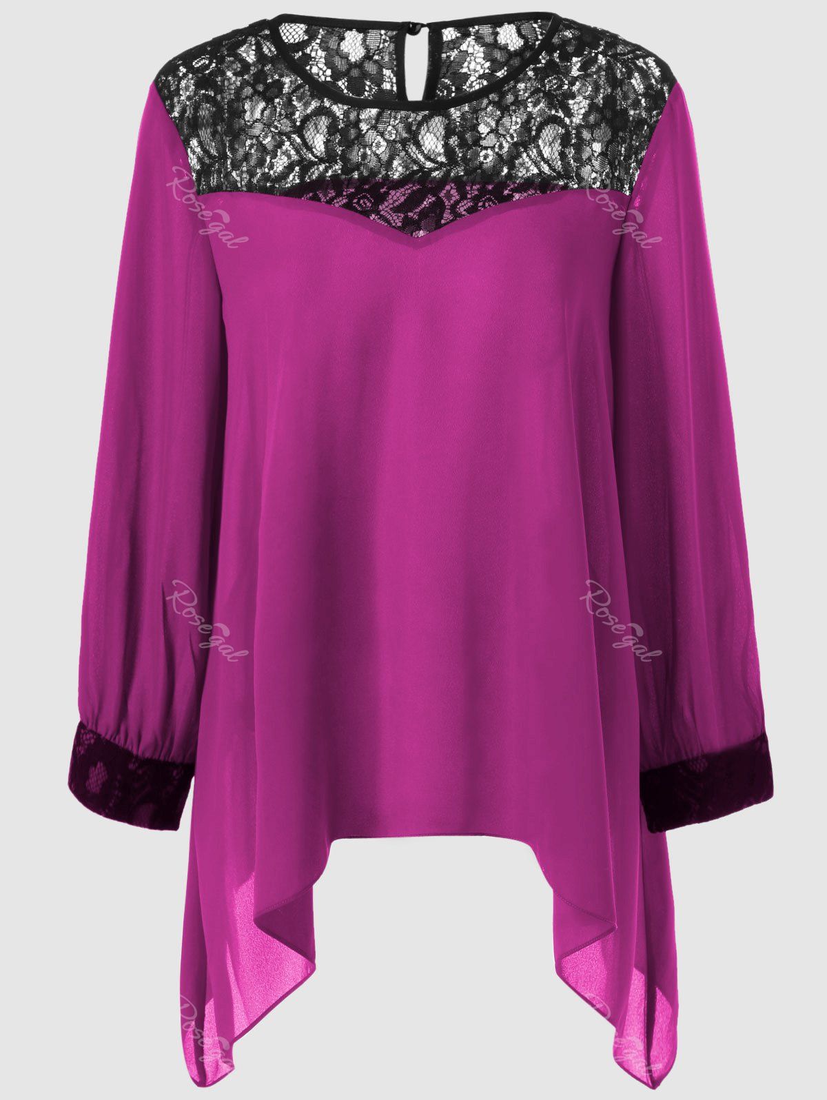 

Plus Size Lace Splicing Asymmetrical Blouse, Violet rose