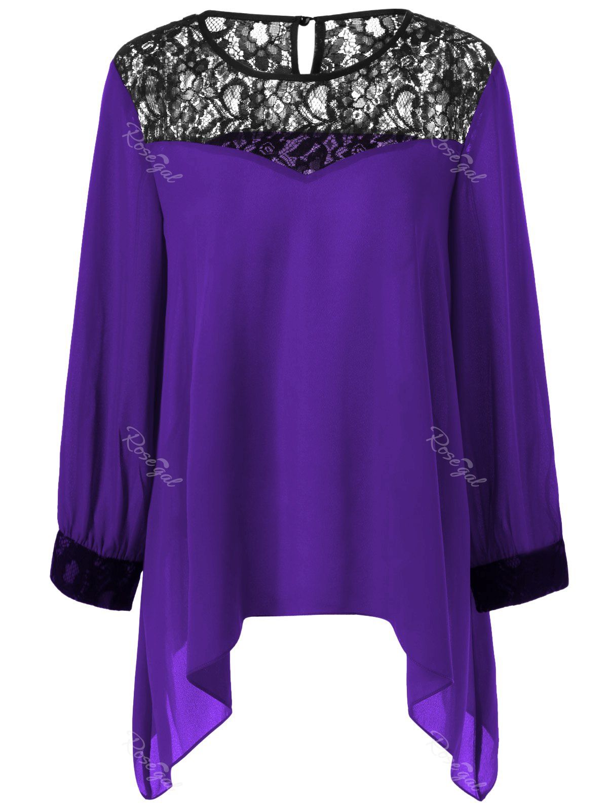 

Plus Size Lace Splicing Asymmetrical Blouse, Deep purple