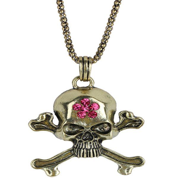 

Burnished Rhinestone Floral Skull Necklace, Copper color